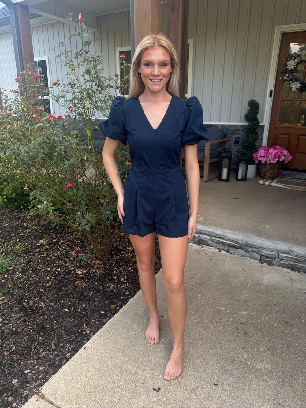 Women's Short Puff-Sleeve Romper in Navy